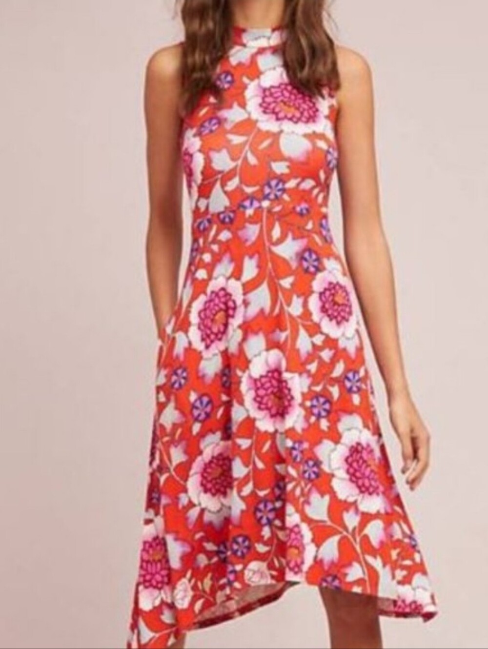 Maeve Antropologie Rayon Floral Swing Dress Asymmetrical Orange Red Stretch XS